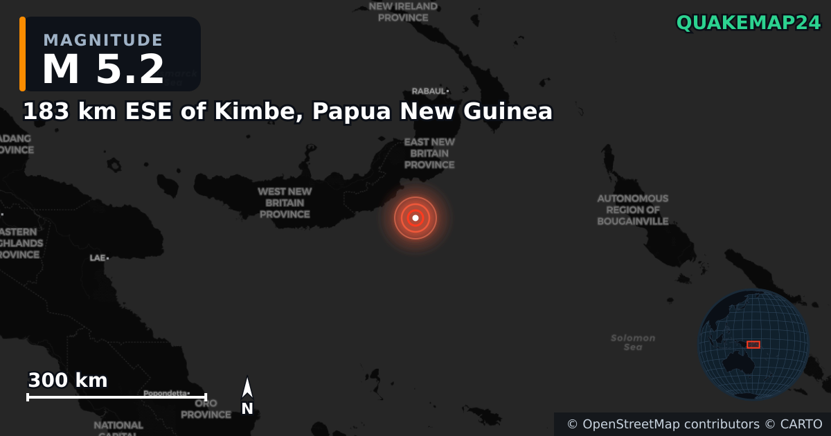 M5.2 earthquake near 183 km ESE of Kimbe, Papua New Guinea on Apr 11, 2025 — map of epicenter and shaking intensity | QuakeMap24