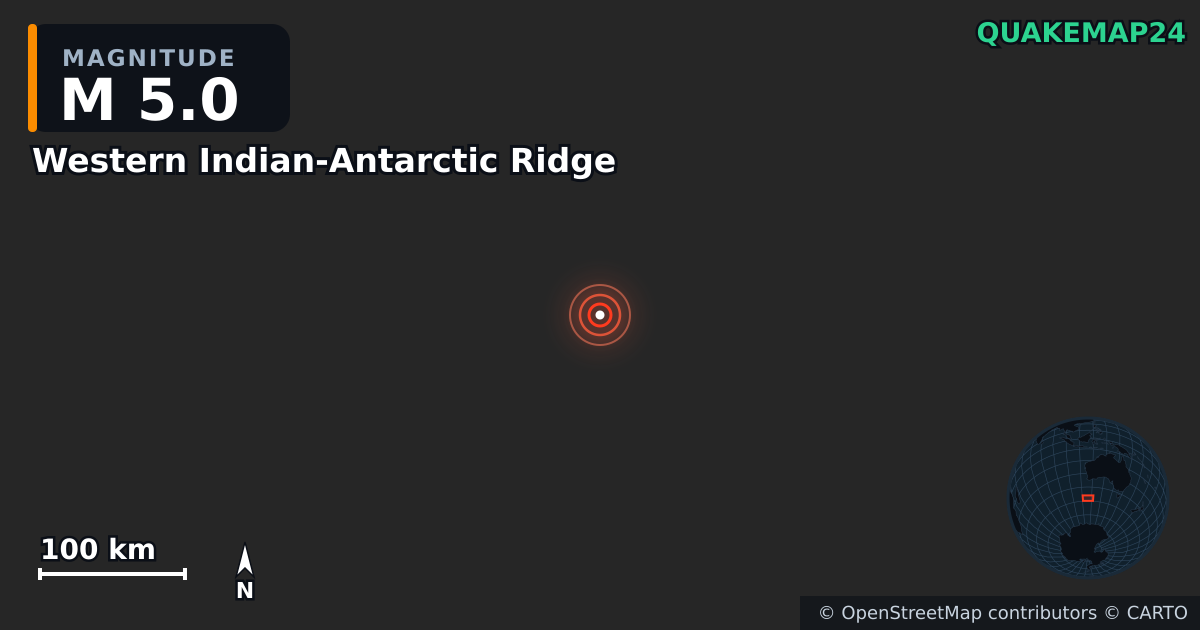Western Indian-Antarctic Ridge yakınında M5,0 deprem — Deprem merkez üssünün konumunu gösteren harita
