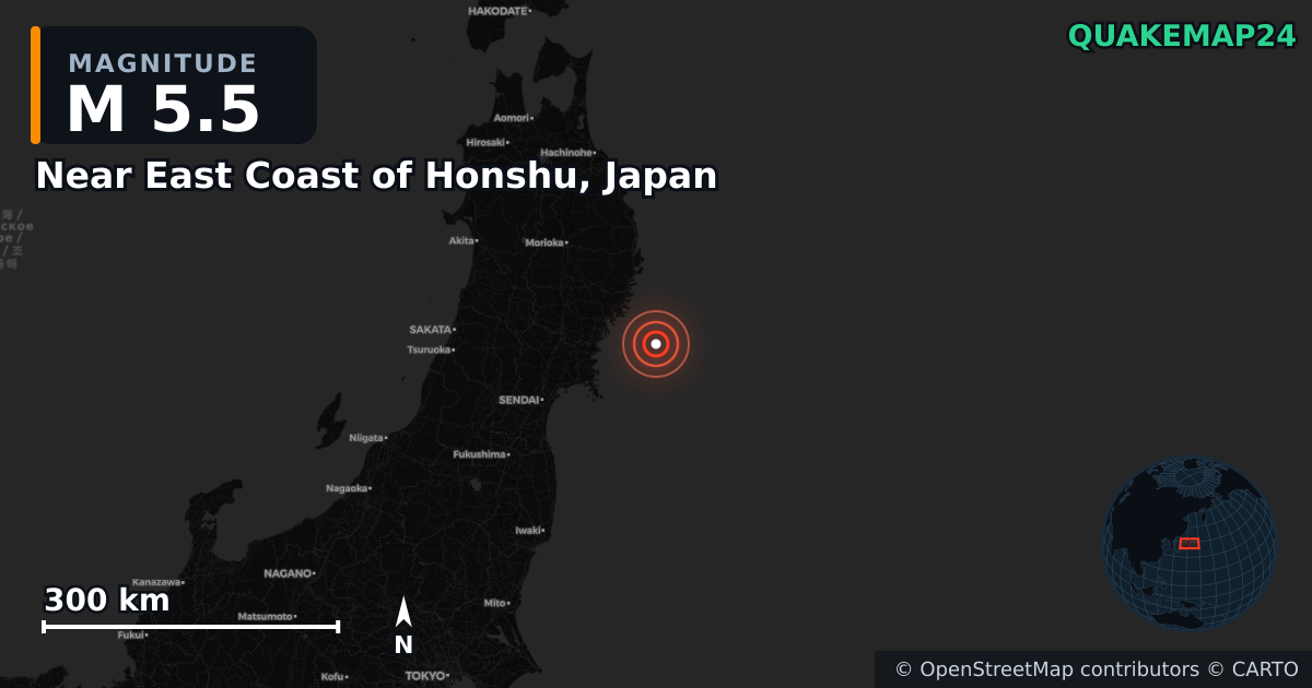 M5.5 earthquake near Near East Coast of Honshu, Japan on Aug 21, 2025 — map of epicenter and shaking intensity | QuakeMap24