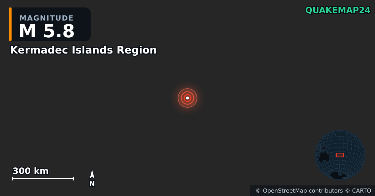 M5.8 earthquake near Kermadec Islands Region on May 31, 2025 — map of epicenter and shaking intensity | QuakeMap24