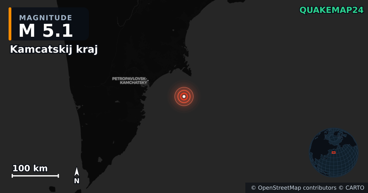 M5.1 earthquake near Kamcatskij kraj on Jul 23, 2025 — map of epicenter and shaking intensity | QuakeMap24