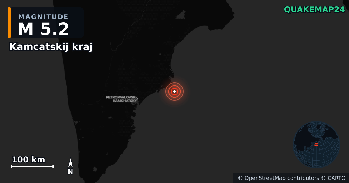 M5.2 earthquake near Kamcatskij kraj on Sep 19, 2025 — map of epicenter and shaking intensity | QuakeMap24