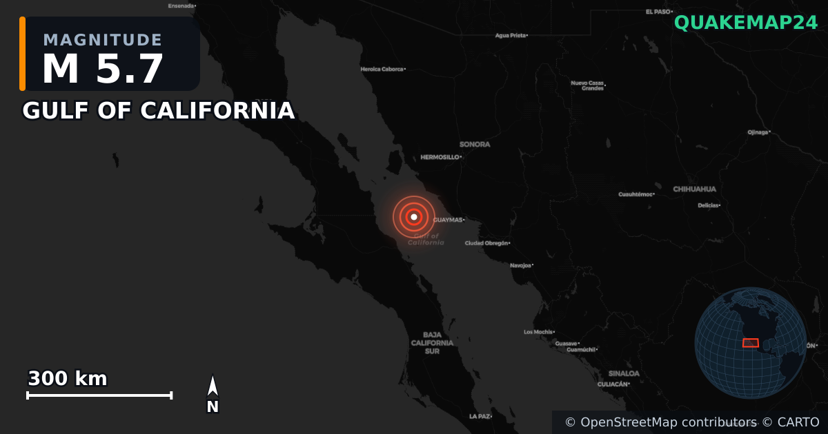 M5.7 earthquake near GULF OF CALIFORNIA on Nov 7, 2025 — map of epicenter and shaking intensity | QuakeMap24