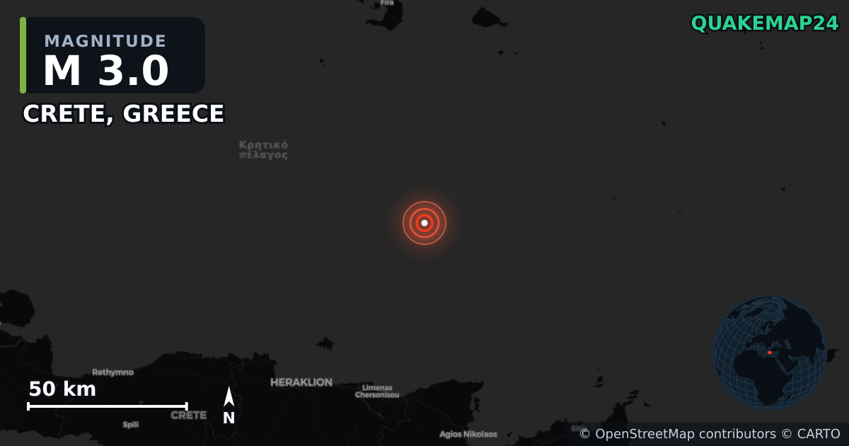M3.0 earthquake near CRETE, GREECE on May 19, 2025 — map of epicenter and shaking intensity | QuakeMap24