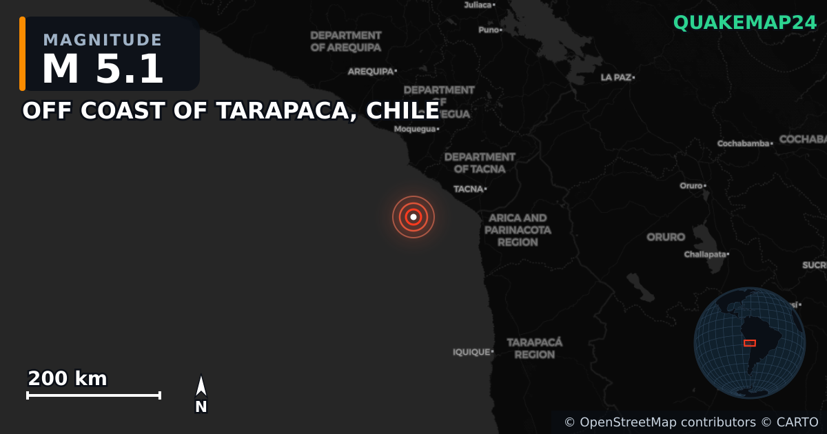 Erdbeben M5,1 bei OFF COAST OF TARAPACA, CHILE — Karte der Lage des Epizentrums