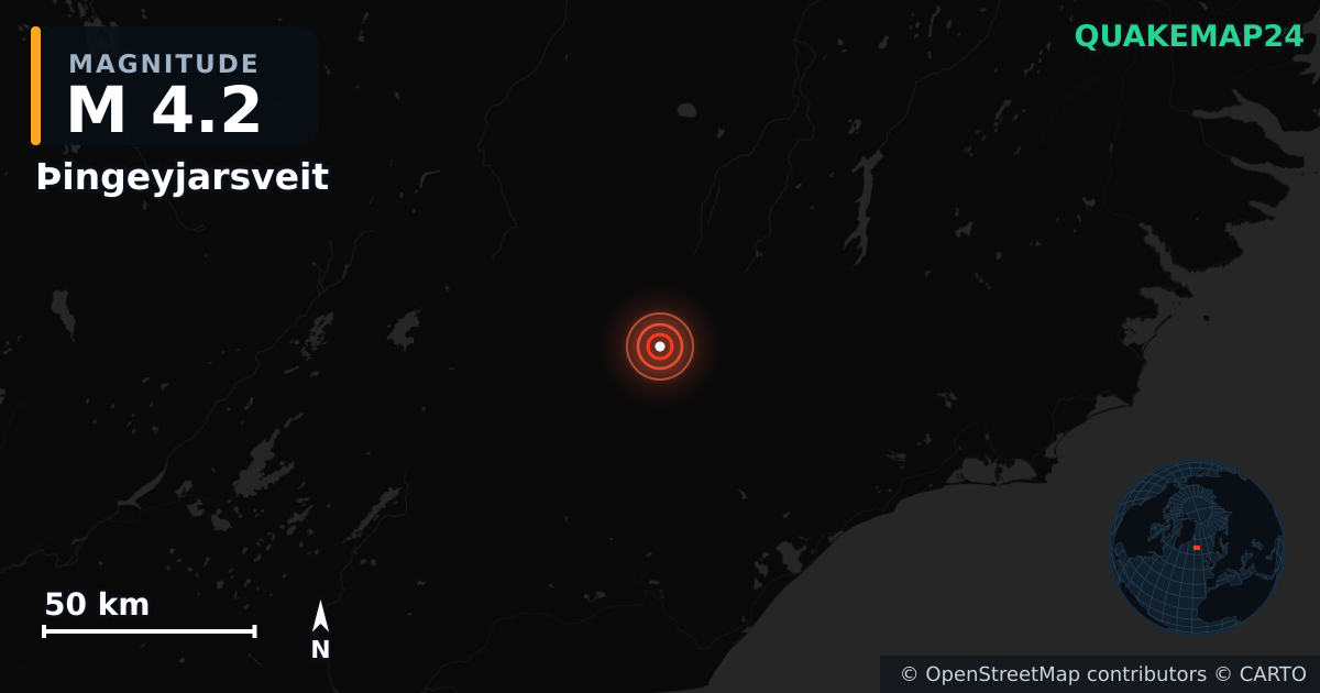 M4.2 earthquake near Þingeyjarsveit on Jul 6, 2026 — map of epicenter and shaking intensity | QuakeMap24