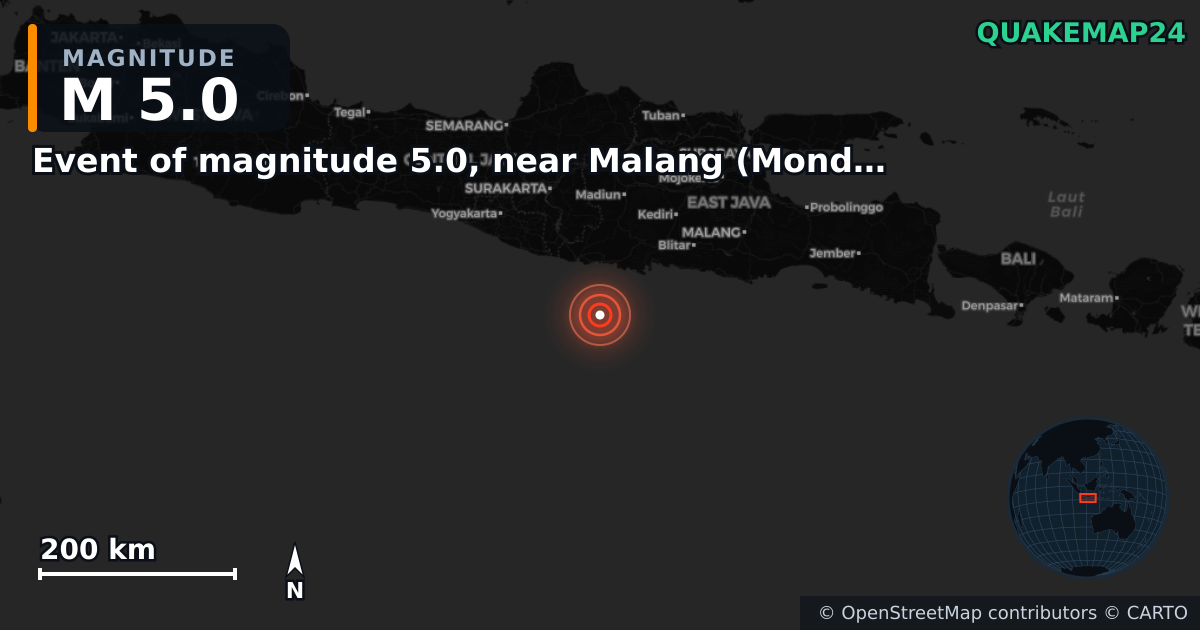M5.0 Earthquake near Event of magnitude 5.0, near Malang (Monde) · 2026-06-27 — Map showing the location of the epicenter