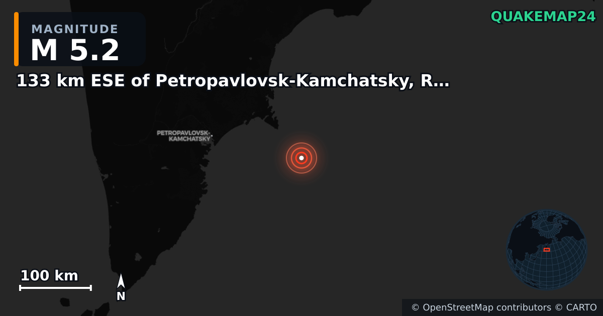 M5.2 earthquake near 133 km ESE of Petropavlovsk-Kamchatsky, Russia on Jul 25, 2025 — map of epicenter and shaking intensity | QuakeMap24