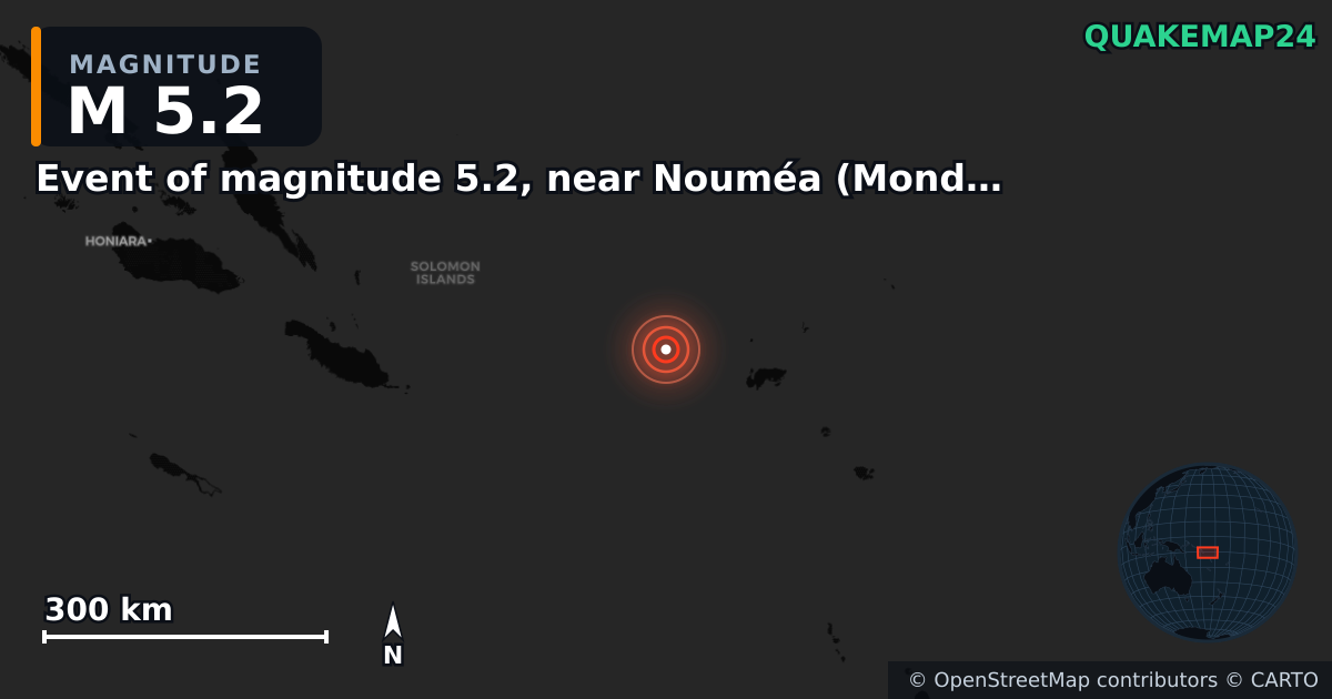 M5.2 earthquake near Event of magnitude 5.2, near Nouméa (Monde) on May 12, 2026 — map of epicenter and shaking intensity | QuakeMap24