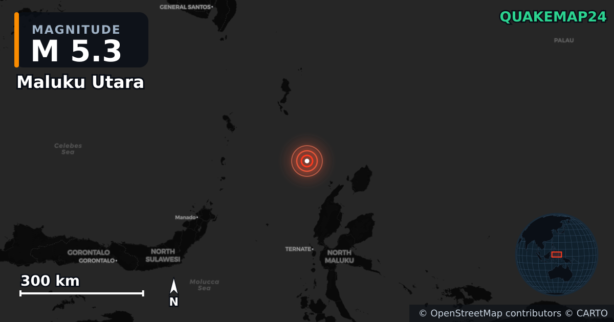 M5.3 earthquake near Maluku Utara on Jun 28, 2025 — map of epicenter and shaking intensity | QuakeMap24