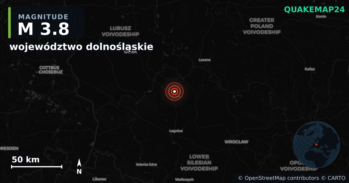 M3.8 earthquake near województwo dolnośląskie on Jun 13, 2025 — map of epicenter and shaking intensity | QuakeMap24