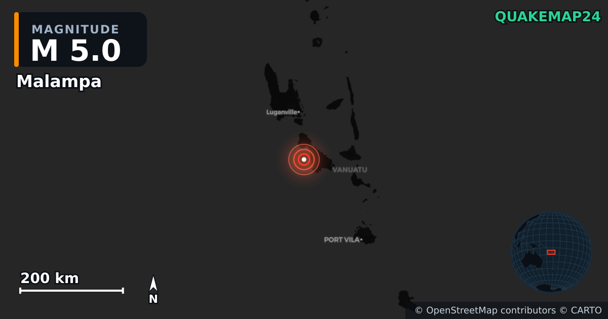 M5.0 earthquake near Malampa on Sep 12, 2025 — map of epicenter and shaking intensity | QuakeMap24