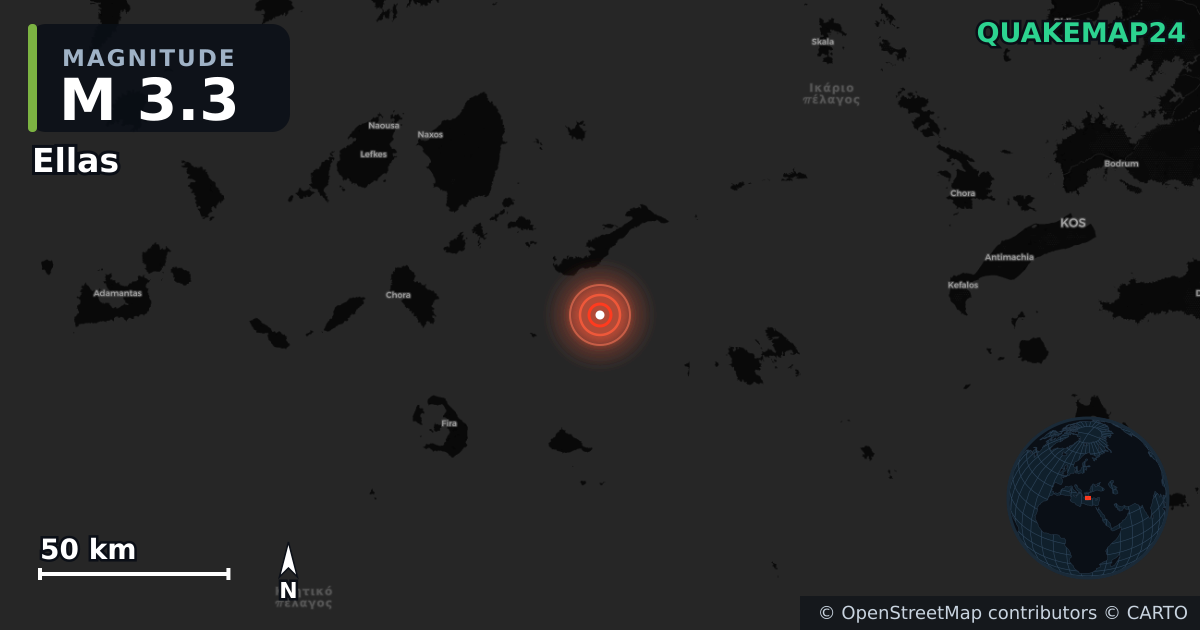 M3.3 earthquake near Ellas on Feb 17, 2026 — map of epicenter and shaking intensity | QuakeMap24