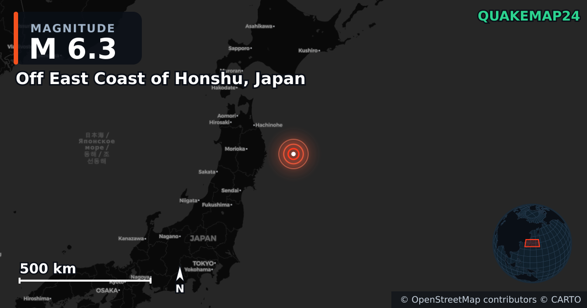 M6.3 earthquake near Off East Coast of Honshu, Japan on Nov 9, 2025 — map of epicenter and shaking intensity | QuakeMap24