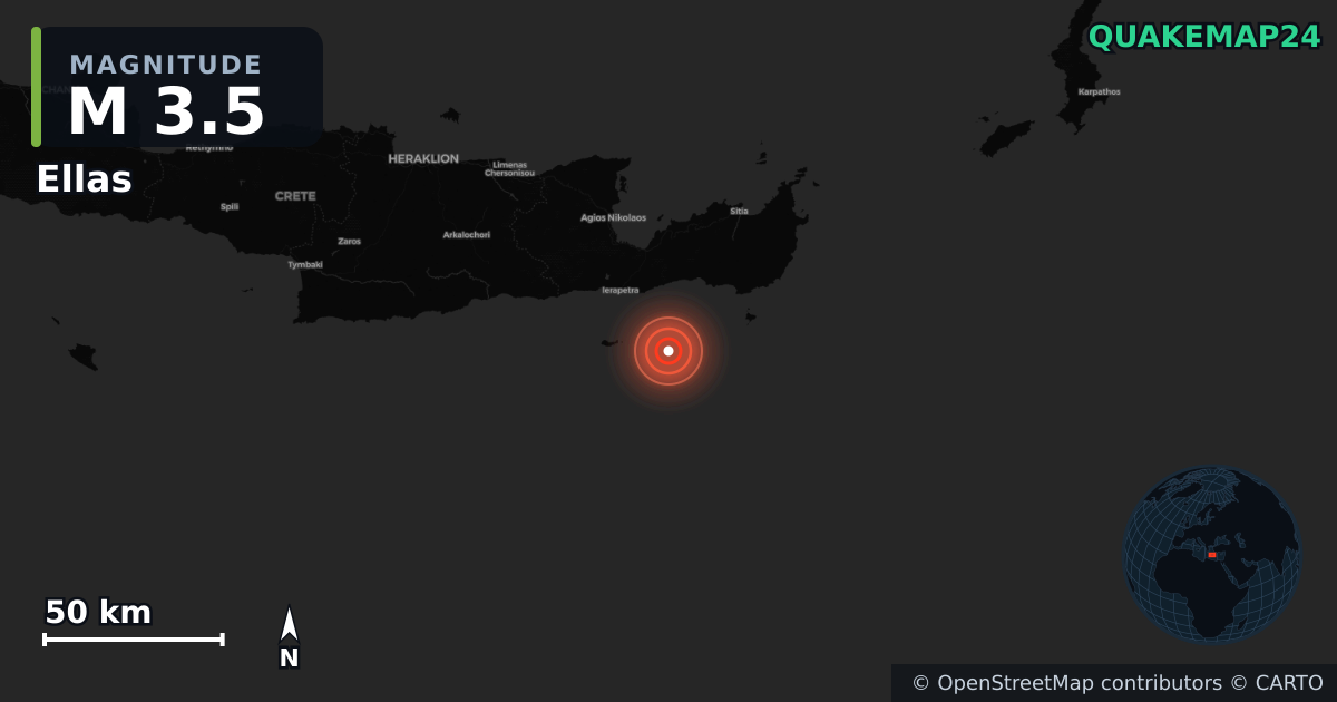 M3.5 earthquake near Ellas on Feb 7, 2026 — map of epicenter and shaking intensity | QuakeMap24