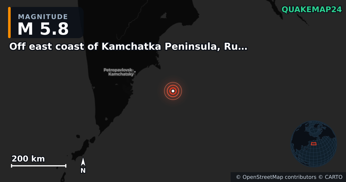 M5.8 earthquake near Off east coast of Kamchatka Peninsula, Russia [Sea: Russia] on Jun 10, 2026 — map of epicenter and shaking intensity | QuakeMap24