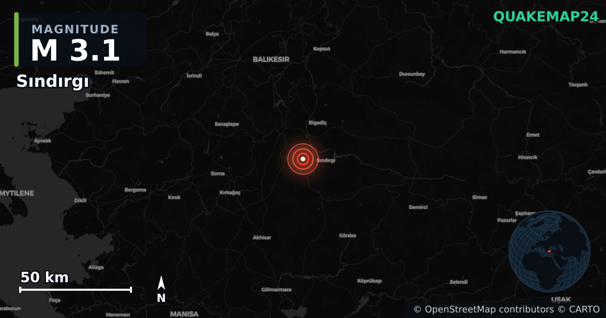M3.1 earthquake near Sındırgı on Aug 15, 2025 — map of epicenter and shaking intensity | QuakeMap24