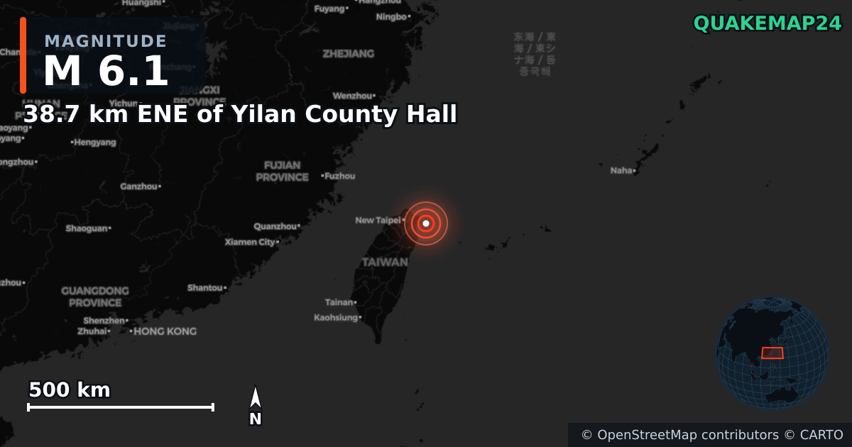 M6.1 earthquake near 38.7 km ENE of Yilan County Hall on May 1, 2026 — map of epicenter and shaking intensity | QuakeMap24