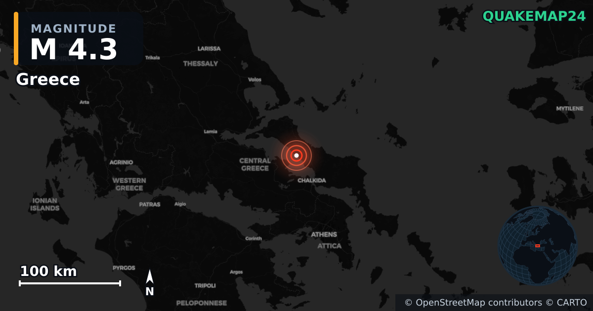 M4.3 earthquake near Greece on Jun 8, 2026 — map of epicenter and shaking intensity | QuakeMap24