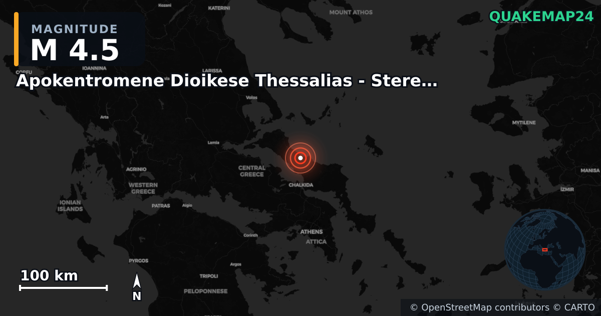 M4.5 earthquake near Apokentromene Dioikese Thessalias - Stereas Ellados on May 19, 2025 — map of epicenter and shaking intensity | QuakeMap24