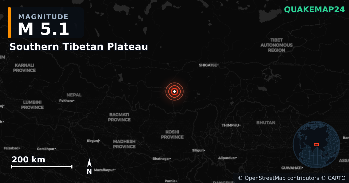 M5.1 earthquake near Southern Tibetan Plateau on Jan 13, 2025 — map of epicenter and shaking intensity | QuakeMap24