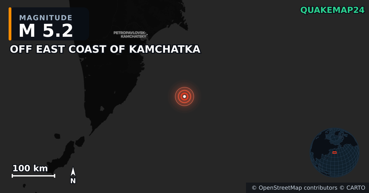 M5.2 earthquake near OFF EAST COAST OF KAMCHATKA on Jul 30, 2025 — map of epicenter and shaking intensity | QuakeMap24