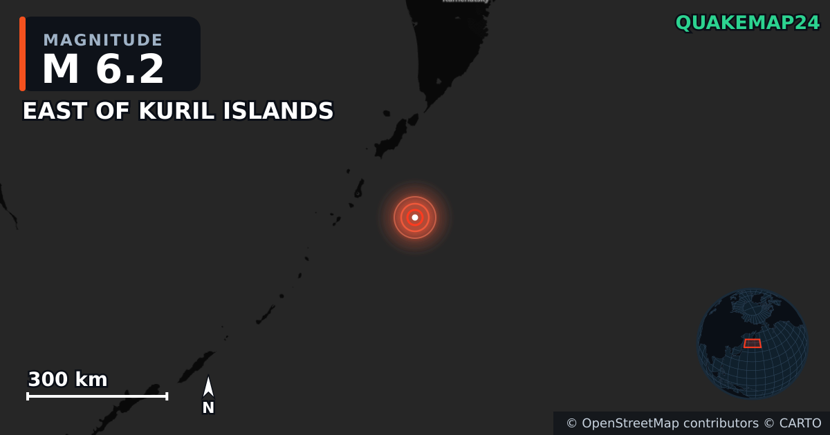 M6.2 earthquake near EAST OF KURIL ISLANDS on Aug 4, 2025 — map of epicenter and shaking intensity | QuakeMap24