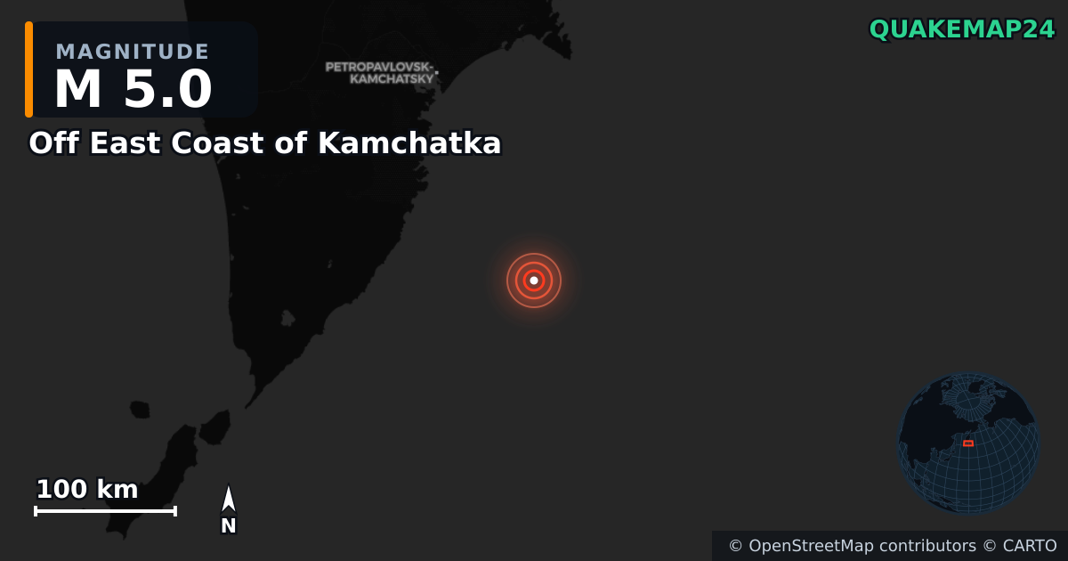 M5.0 earthquake near Off East Coast of Kamchatka on Aug 4, 2025 — map of epicenter and shaking intensity | QuakeMap24