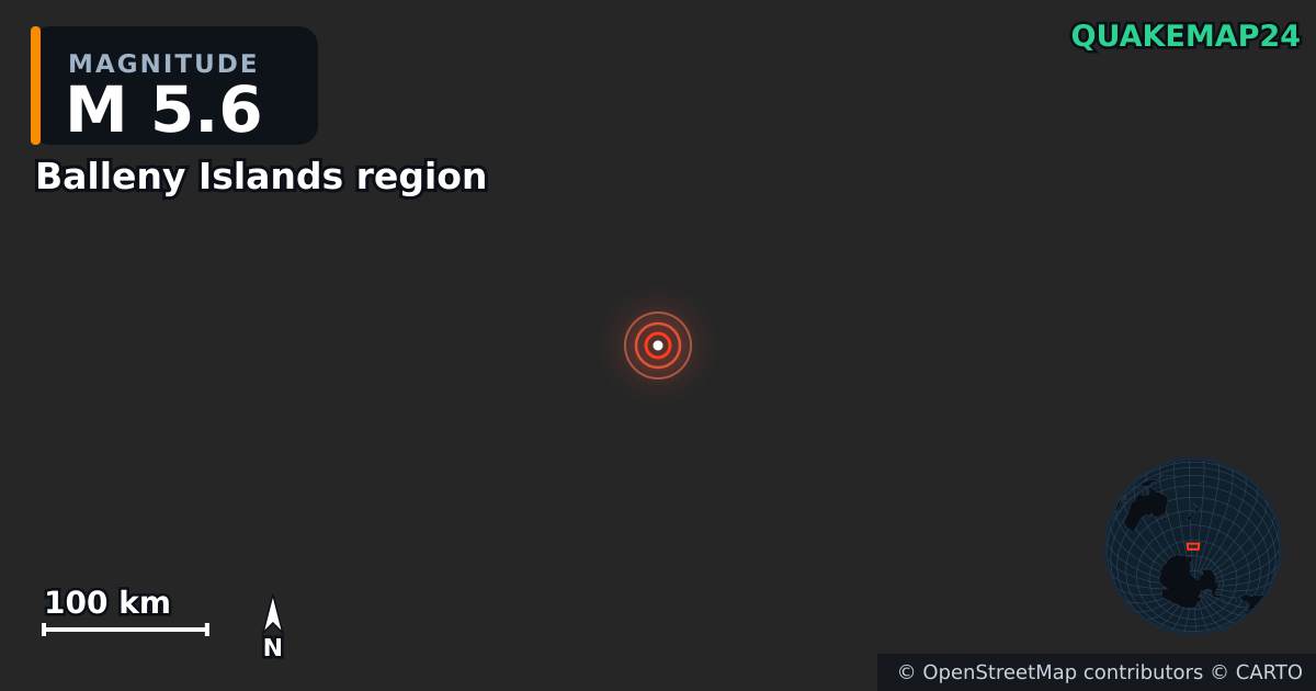 Balleny Islands region yakınında M5,6 deprem · 2025-12-20 — Deprem merkez üssünün konumunu gösteren harita