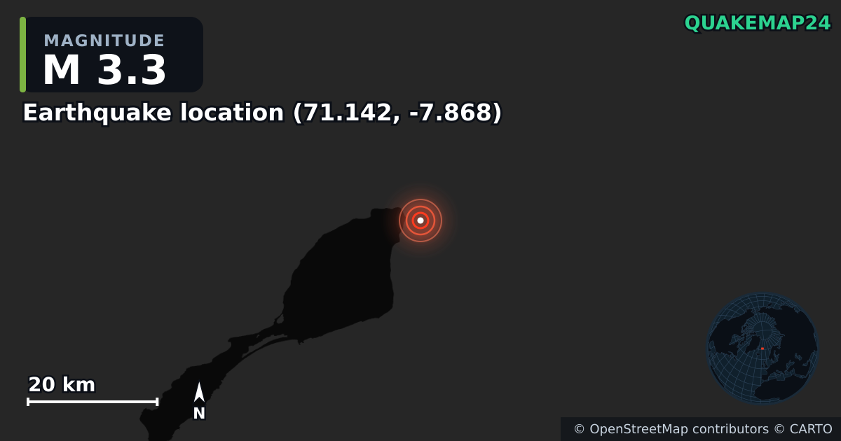 M3.3 earthquake near Earthquake location (71.142, -7.868) on Oct 5, 2025 — map of epicenter and shaking intensity | QuakeMap24