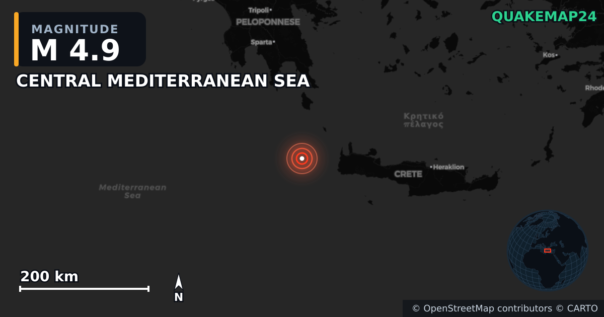 Sismo de M4,9 perto de CENTRAL MEDITERRANEAN SEA · 2025-11-11 — Mapa da localização do epicentro