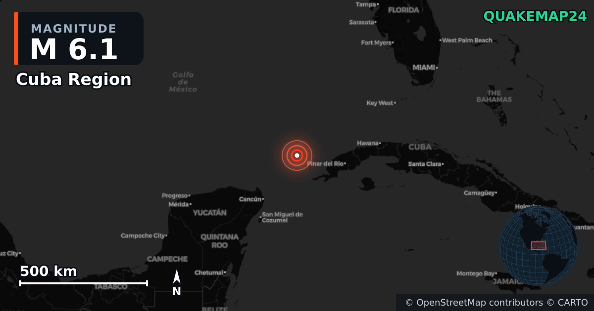 M6.1 earthquake near Cuba Region on Jun 8, 2026 — map of epicenter and shaking intensity | QuakeMap24