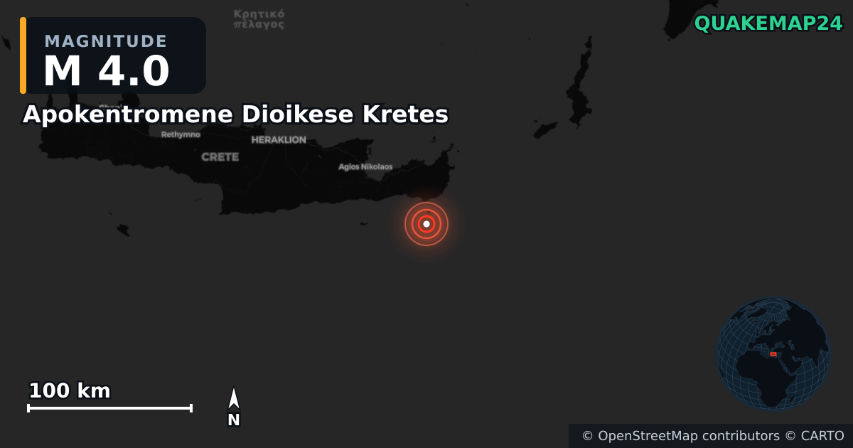 M4.0 earthquake near Apokentromene Dioikese Kretes on Nov 14, 2025 — map of epicenter and shaking intensity | QuakeMap24
