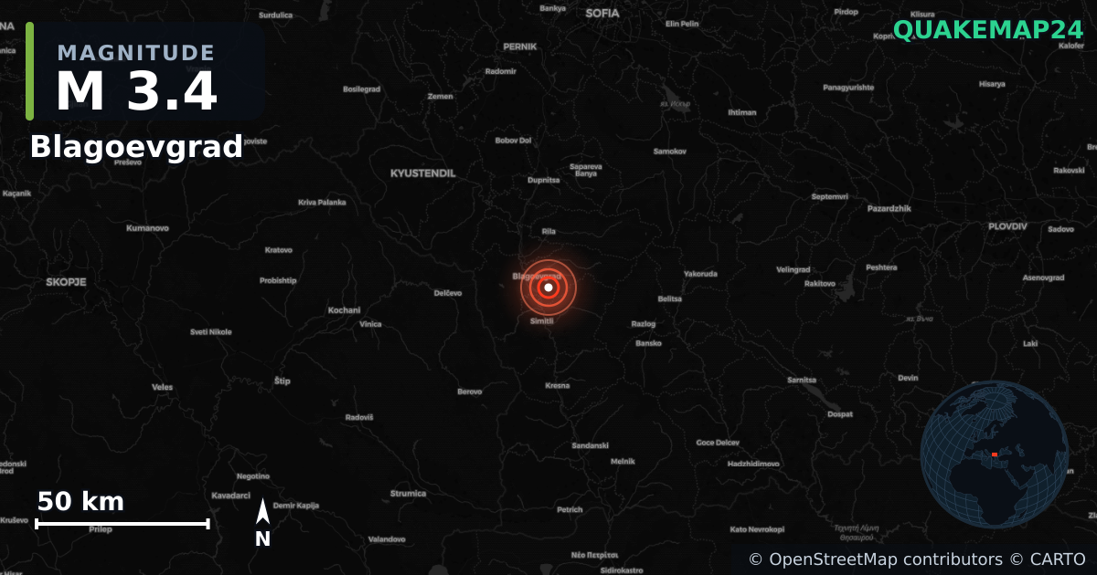 M3.4 earthquake near Blagoevgrad on Jan 2, 2026 — map of epicenter and shaking intensity | QuakeMap24