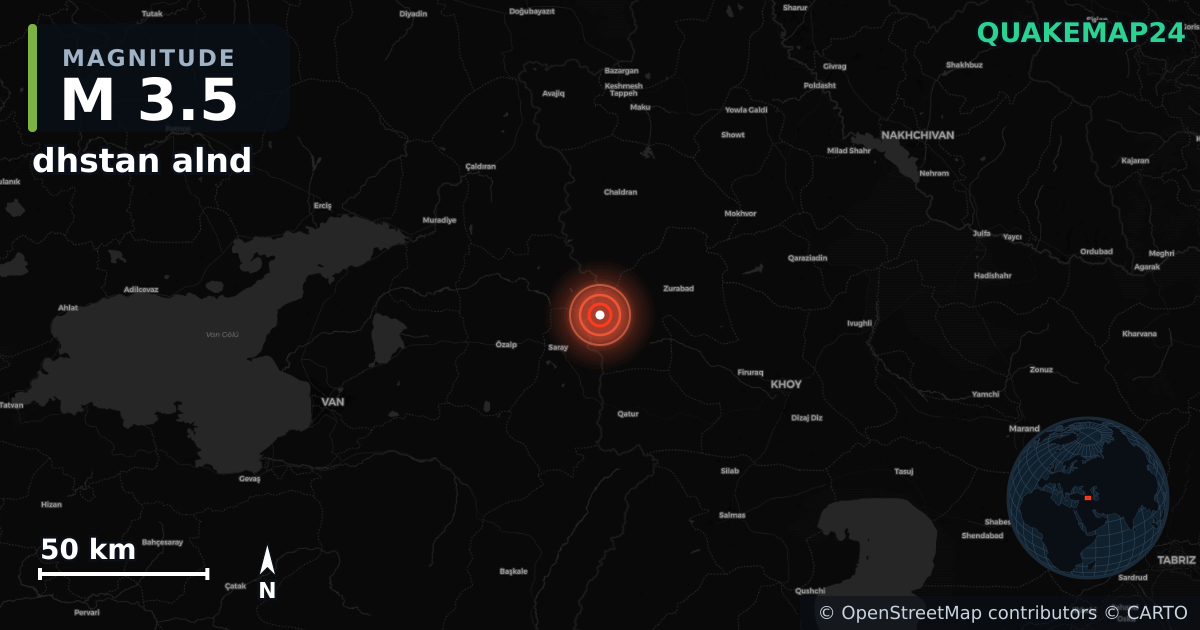 M3.5 earthquake near dhstan alnd on May 21, 2026 — map of epicenter and shaking intensity | QuakeMap24