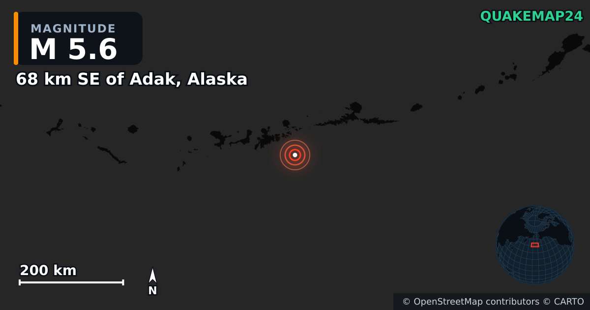 Erdbeben M5,6 bei 68 km SE of Adak, Alaska — Karte der Lage des Epizentrums