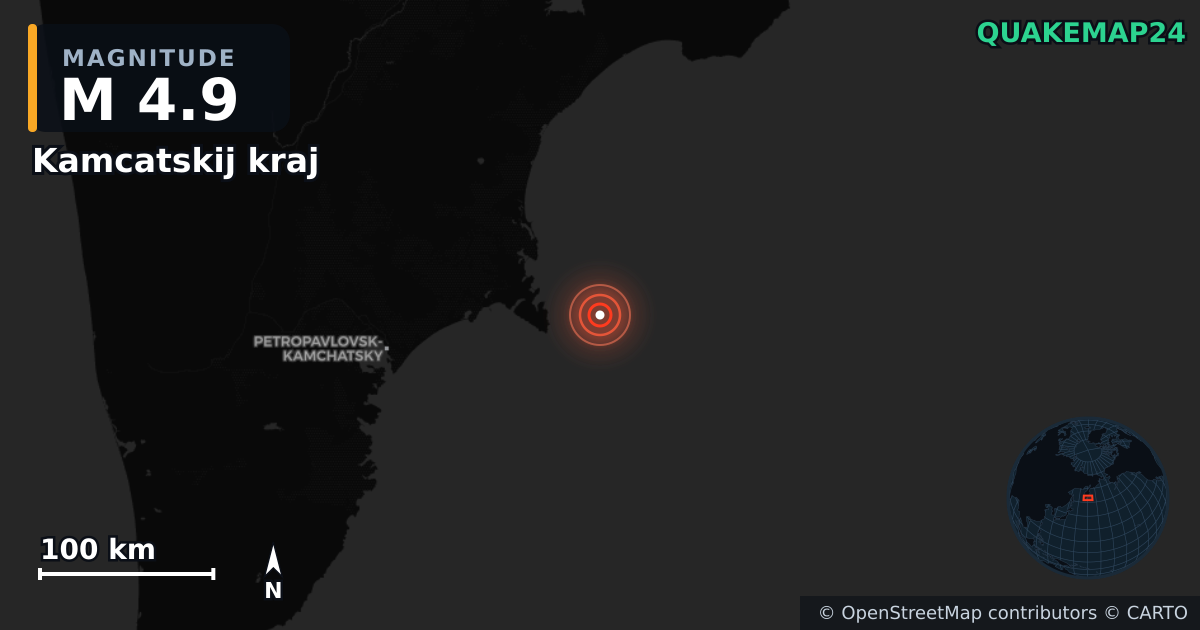 M4.9 earthquake near Kamcatskij kraj on Sep 18, 2025 — map of epicenter and shaking intensity | QuakeMap24