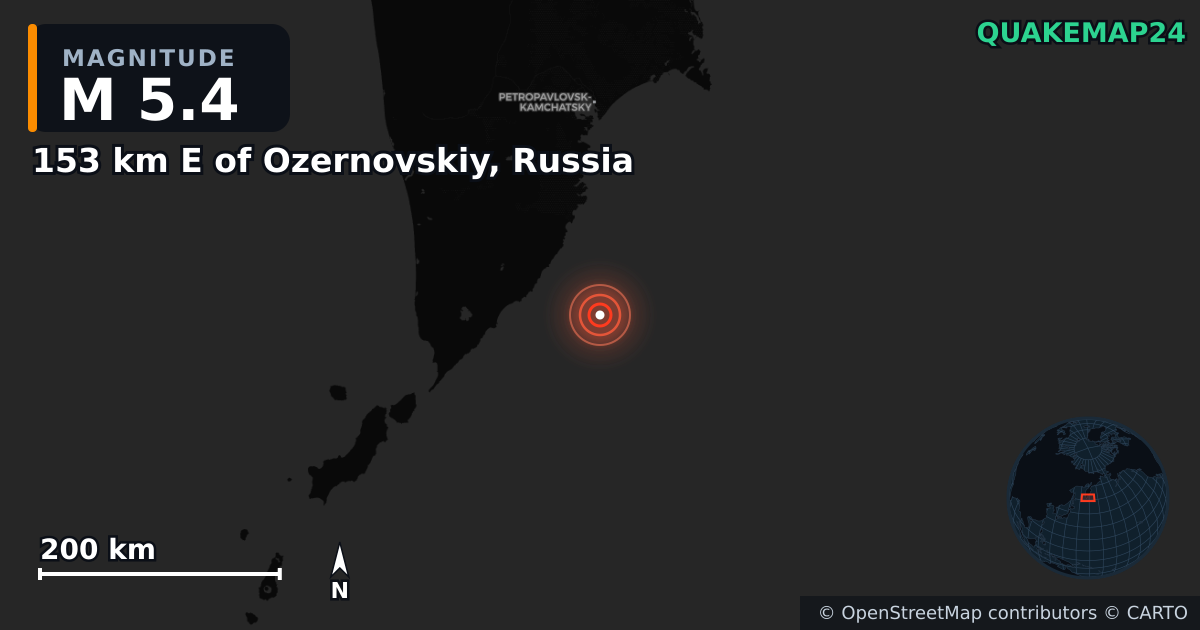 M5.4 earthquake near 153 km E of Ozernovskiy, Russia on Jul 30, 2025 — map of epicenter and shaking intensity | QuakeMap24