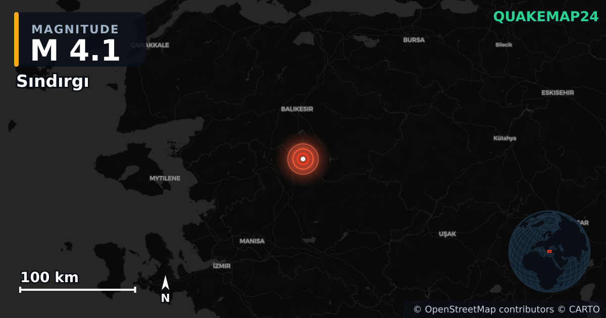 M4.1 earthquake near Sındırgı on Nov 9, 2025 — map of epicenter and shaking intensity | QuakeMap24