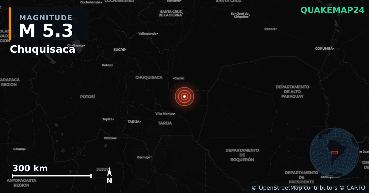 M5.3 earthquake near Chuquisaca on Dec 30, 2025 — map of epicenter and shaking intensity | QuakeMap24