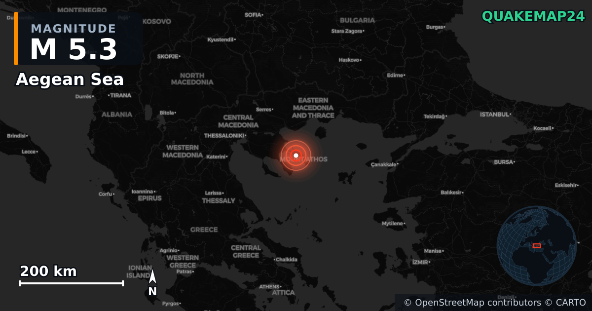 M5.3 earthquake near Aegean Sea on Jun 7, 2025 — map of epicenter and shaking intensity | QuakeMap24