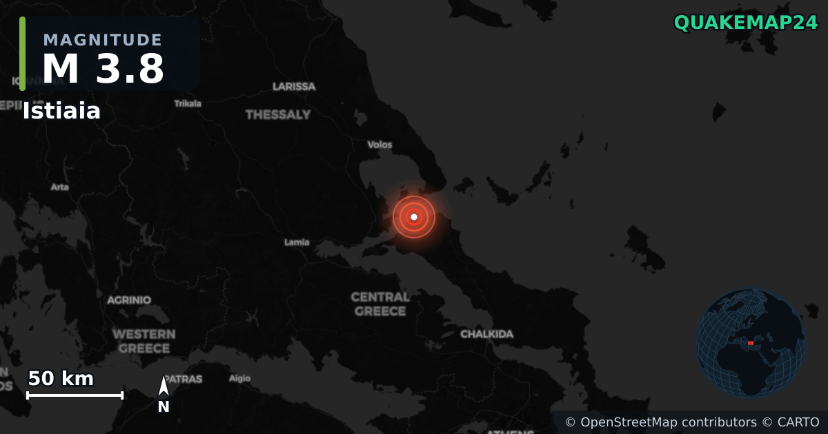 M3.8 earthquake near Istiaia on Sep 18, 2025 — map of epicenter and shaking intensity | QuakeMap24