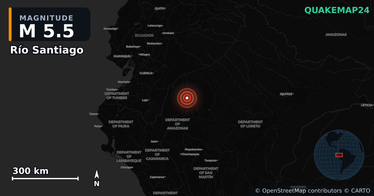 M5.5 earthquake near Río Santiago on Jan 8, 2026 — map of epicenter and shaking intensity | QuakeMap24
