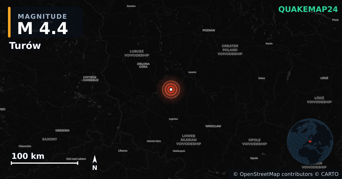 M4.4 earthquake near Turów on May 3, 2026 — map of epicenter and shaking intensity | QuakeMap24