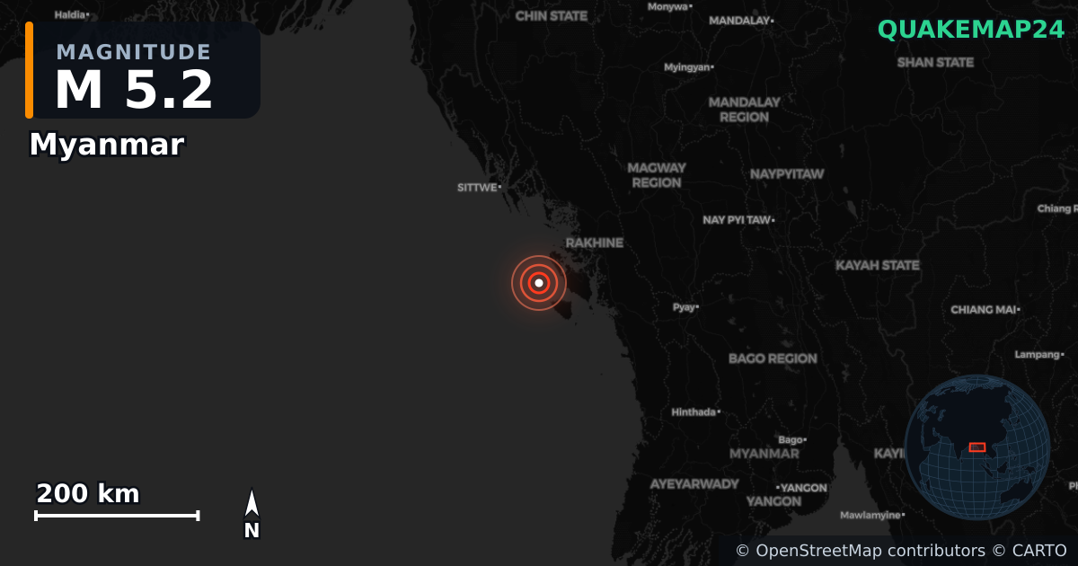 M5.2 earthquake near Myanmar on May 18, 2025 — map of epicenter and shaking intensity | QuakeMap24