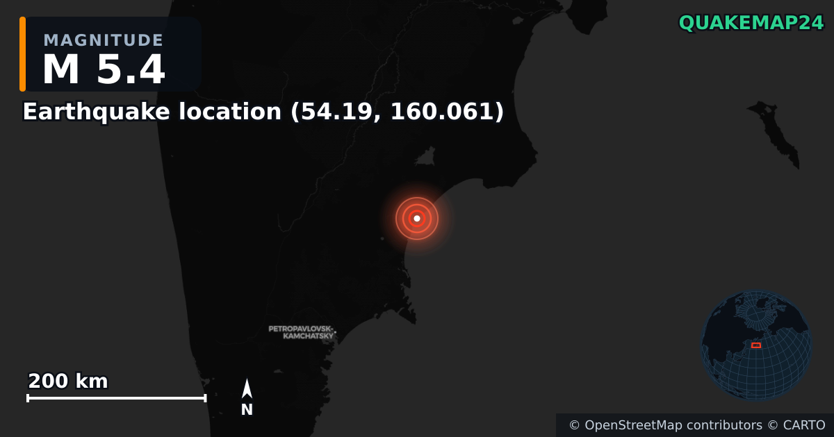 M5.4 earthquake near Deprem konumu (54.19, 160.061) on Sep 28, 2025 — map of epicenter and shaking intensity | QuakeMap24