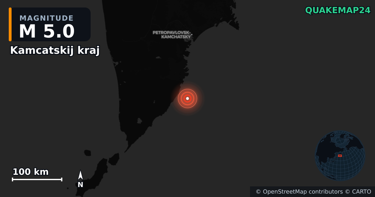 M5.0 earthquake near Kamcatskij kraj on Aug 6, 2025 — map of epicenter and shaking intensity | QuakeMap24