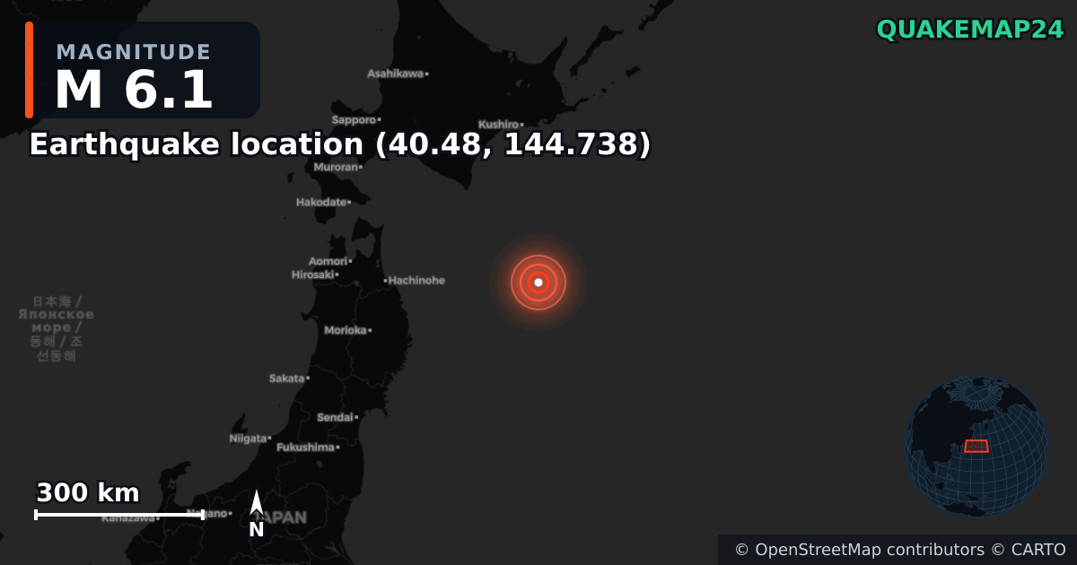 M6.1 earthquake near Deprem konumu (40.48, 144.738) on Dec 8, 2025 — map of epicenter and shaking intensity | QuakeMap24