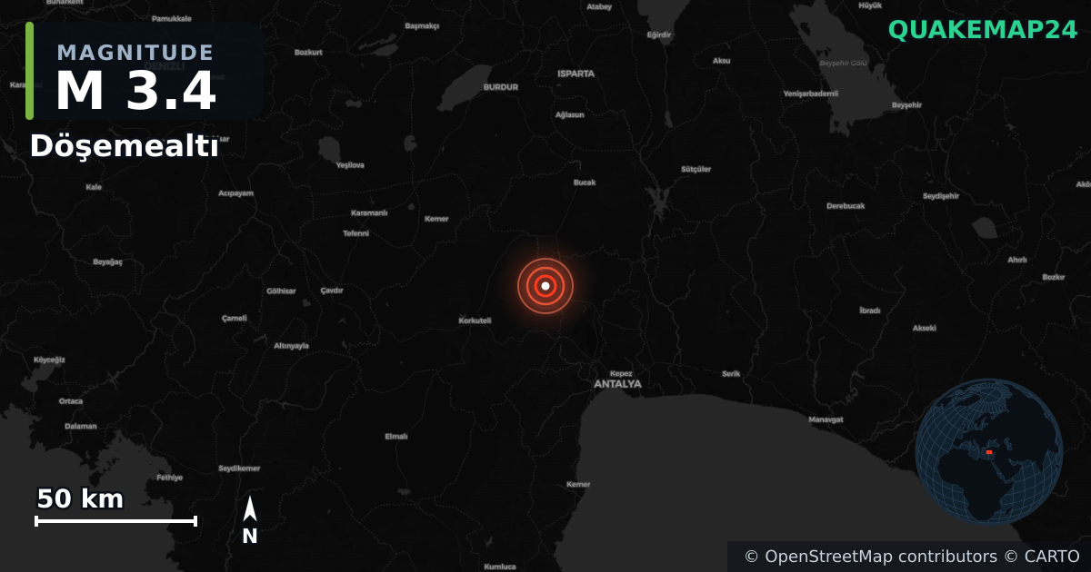 M3.4 earthquake near Döşemealtı on Jan 28, 2026 — map of epicenter and shaking intensity | QuakeMap24