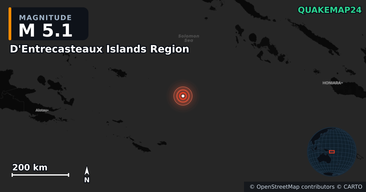 D'Entrecasteaux Islands Region yakınında M5,1 deprem — Deprem merkez üssünün konumunu gösteren harita